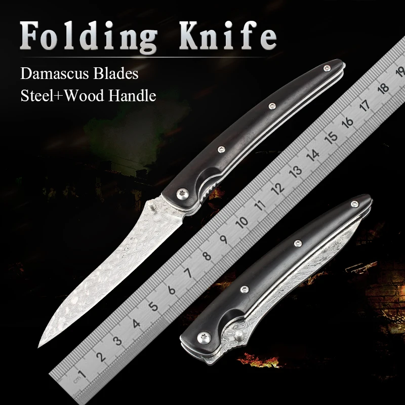 

Outdoor Folding Knife Wood Handle Blades Damascus steel Tactical Military Outdoor Survival Edc Pocket Knifes Easy to carry