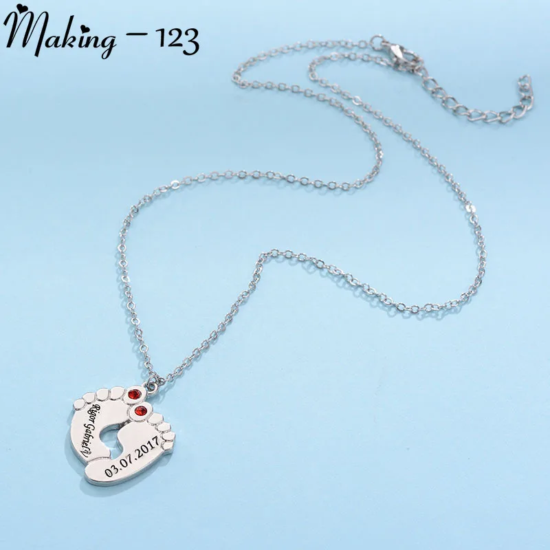 

Personalized Love Couple Day Baby Feet Pendant Necklaces With Birthstones Silver Valentines Day Necklaces Custom Made Any Name