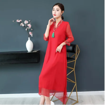 Женское винтажное платье с V образным вырезом Свободное длинное в китайском
