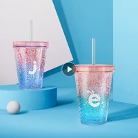color change ice cup 410ml summer hot sale double ice cold drink coffee tea cup ice plastic reusable straw smoothie cup supplies