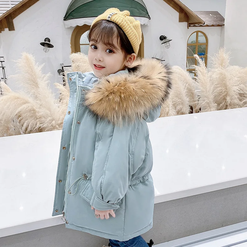 

Girls Children's Clothing Down Jackets Fashion Solid Thickened Mid-length Large Fur Collar Cotton-padded Coat 2020 New Winter