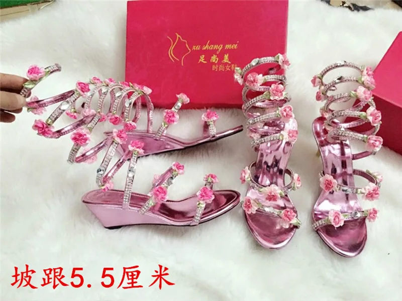 

Handmade Princess's Shoes with Flat Bottom And Snake Shape Twining Flower Rhinestone Roman Super Fairy High Heel Sandals