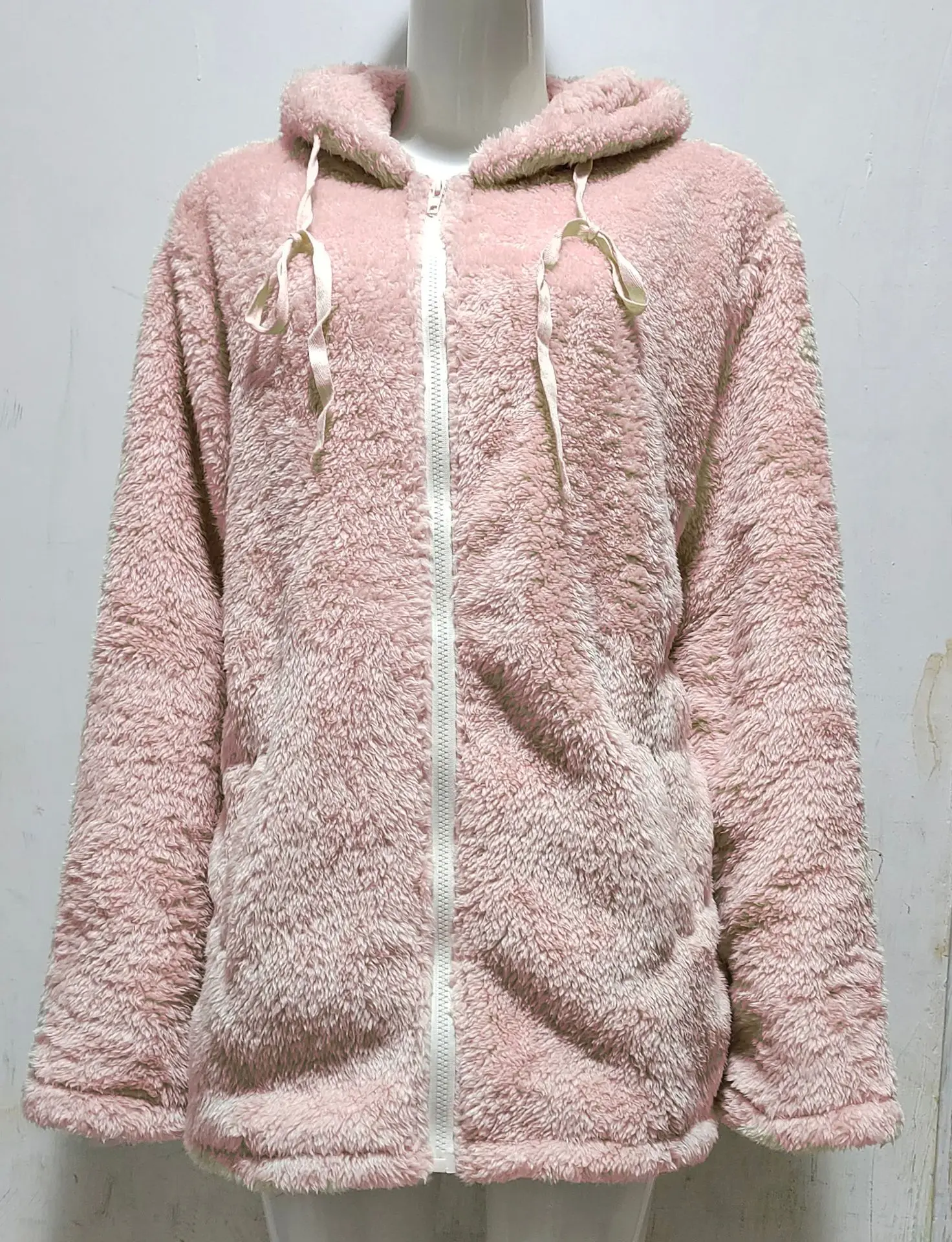 

Mandylandy Winter Fashion Plush Hooded Coat Women's Casual Long Sleeve Solid Color Loose Zip Warm Coat