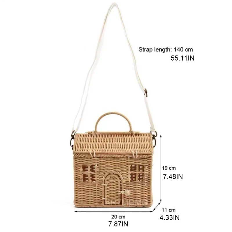 

Small House Shape Portable Messenger Bag Handmade Rattan Woven Storage Bag with Handle Basket Picnic Bag Vintage Kids