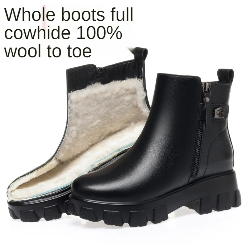 

Really Wool Fur Snow Boots Women Genuine Leather Winter Shoes Thick Heel Warm Snow Boots for Women 2021 New Black Leather Boots