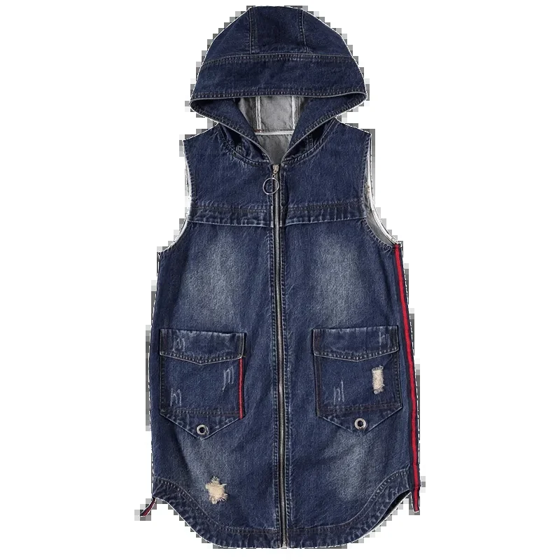 

Women Denim Vest Plus Size 5XL 2021 Spring Autumn Korean Long Jeans Sleeveless Waistcoat Jacket Ripped Denim Hoody Vest Female