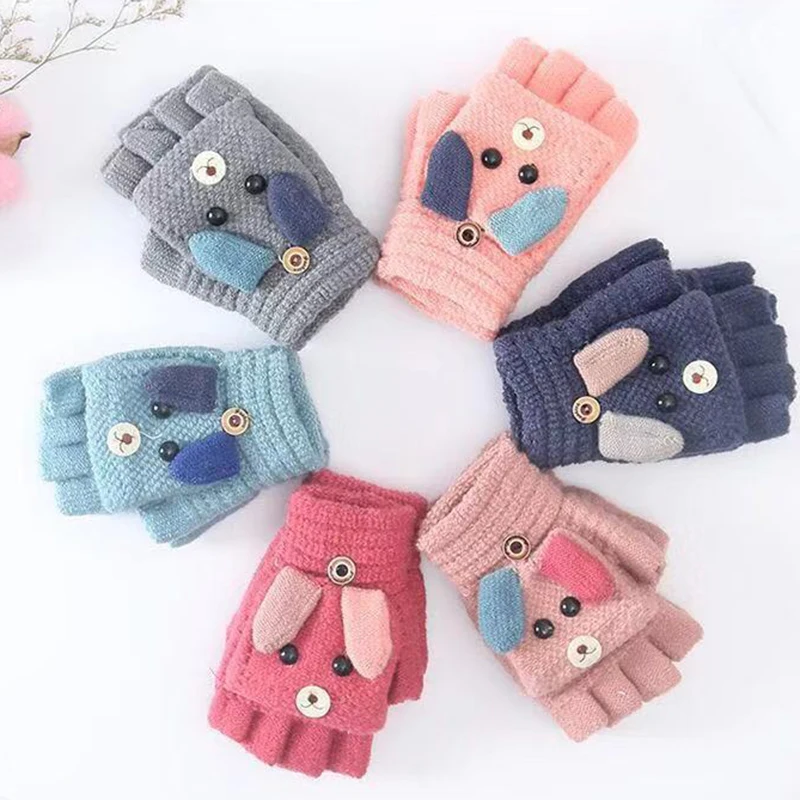 

New Cartoon Mittens Winter Warm Knitted Gloves Kids Boys Girls Half Finger Mittens Gloves For Children Toddler Handschoenen