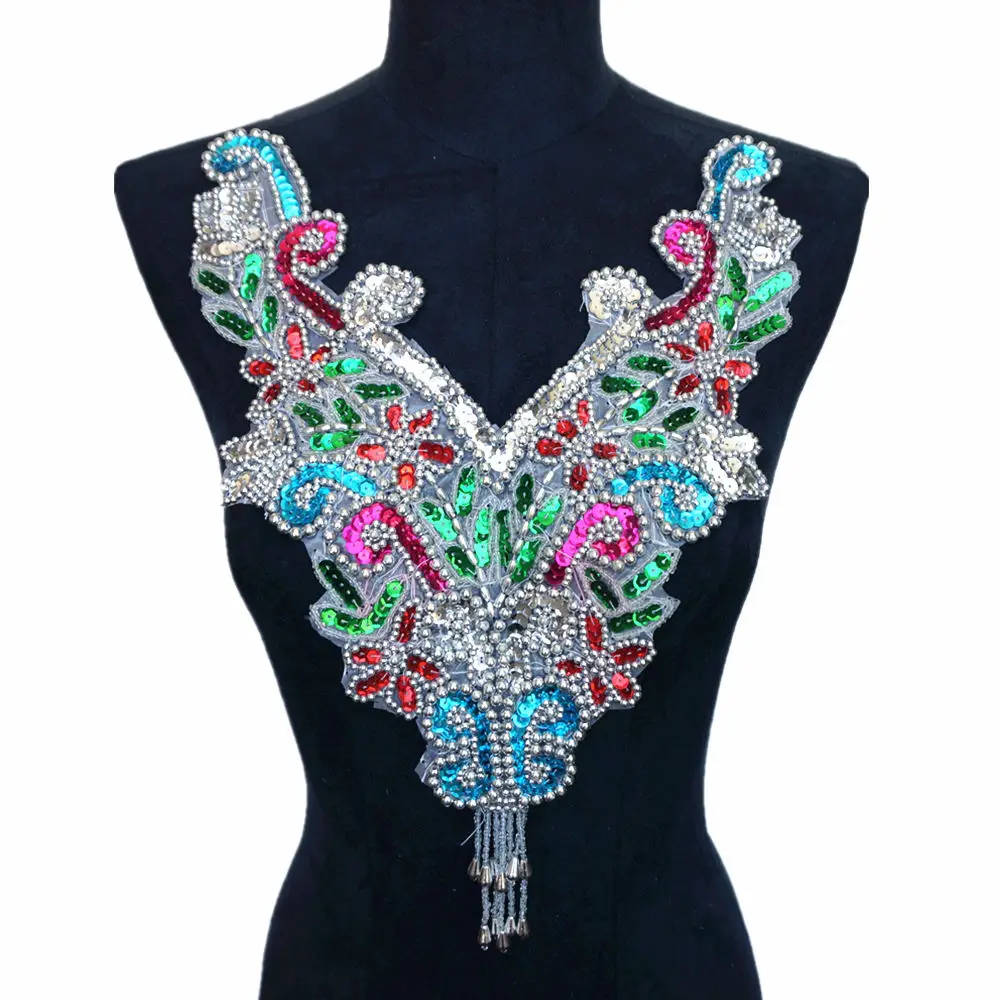 Rainbow Silver Золотая, серебряная, Радужная, бисерная ткань с блестками, воротник, аппликация, нашивка на одежду, благородная вышивка в стиле барокко для свадебного украшения, платье DIY - Цвет: Rainbow Silver