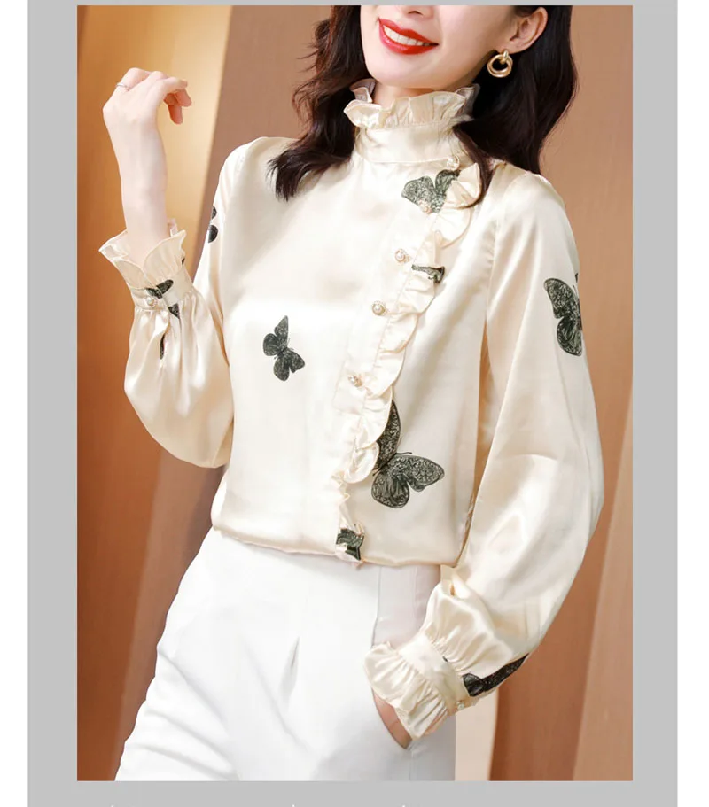 

Новое поступление 2021, Женская Модная элегантная винтажная рубашка хорошего качества с изображением бабочек, облегающие повседневные блузк...