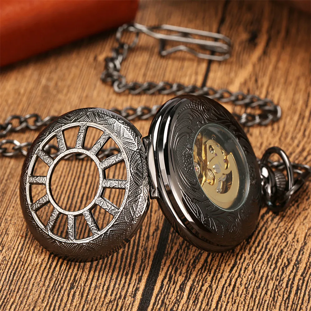 Mechanical Self Winding Pocket Watch Hollow Wheel Gold Roman Numerals Display Antique Pendant Pocket Timepiece with Thick Chain