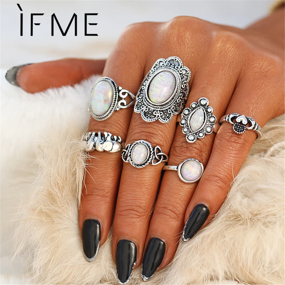 Винтажные наборы колец для женщин богемский серебристый цвет опал камень слон