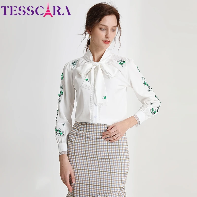 Роскошная женская блузка TESSCARA с вышивкой рубашка женский элегантный белый топ