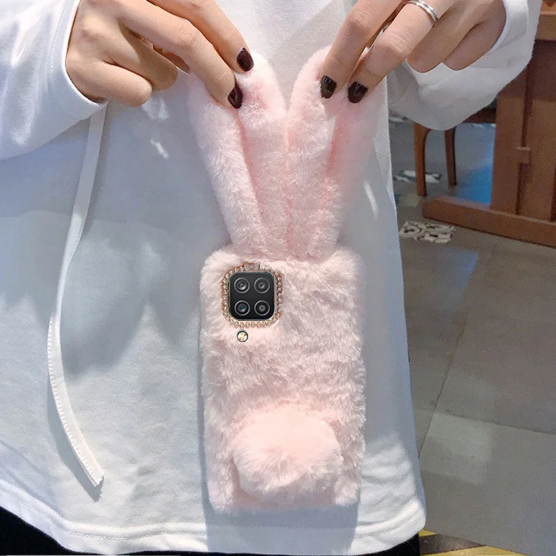 Чехол для Samsung A12 силиконовый чехол с кроличьими пушистыми волосами телефона Galaxy