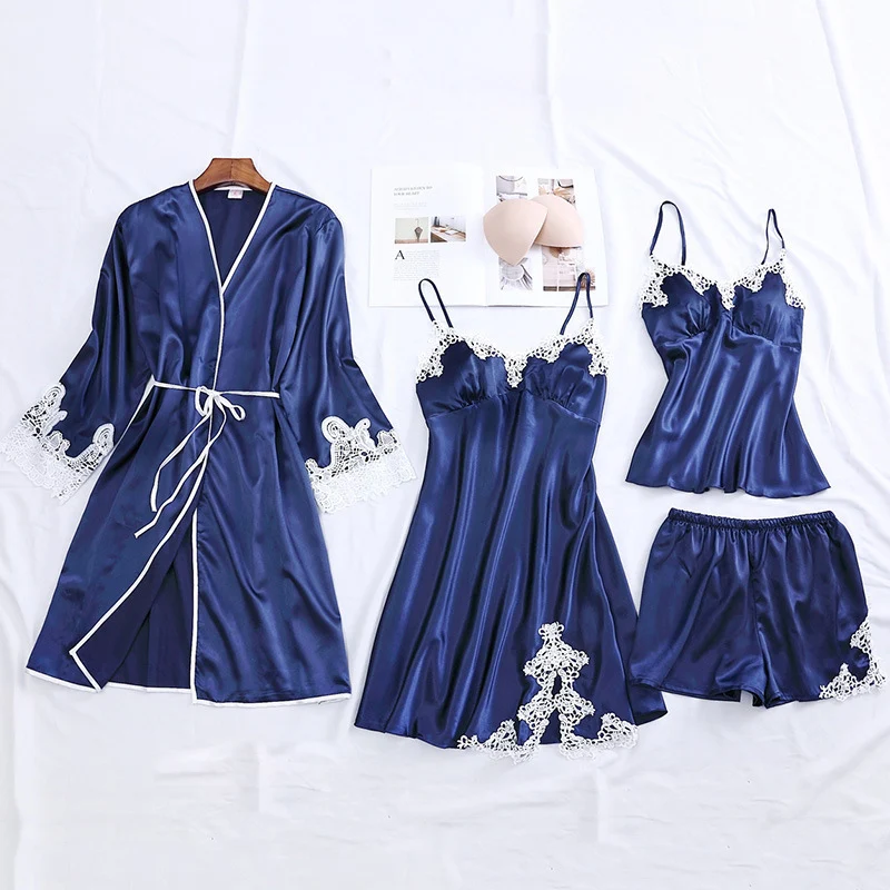 

4 Pieces Women Pajamas Sets Emulation Silk Lace stitching Pyjama Women Sleepwear Sets Spring Summer Autumn Homewear Pyjamas Set