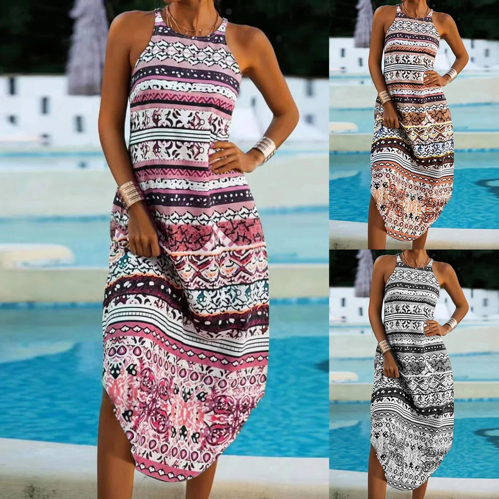 

Fashion Geometric Print Midi Dress Women Sleeveless O-neck Dress Ladies Beach Vacation Casual A-Line Plus Size Tank Dress D30