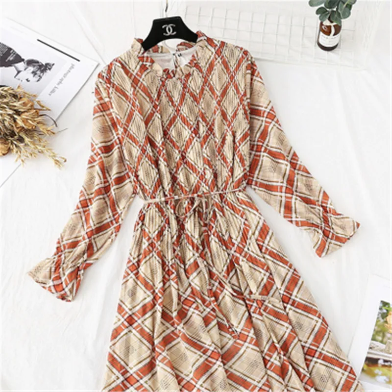 

Fashion Bohe Women Chiffon Dress Elegant Casual A-line Knee-length Ladies Sweet Bohemian Print Bow O-neck Long Sleeves Dress 286