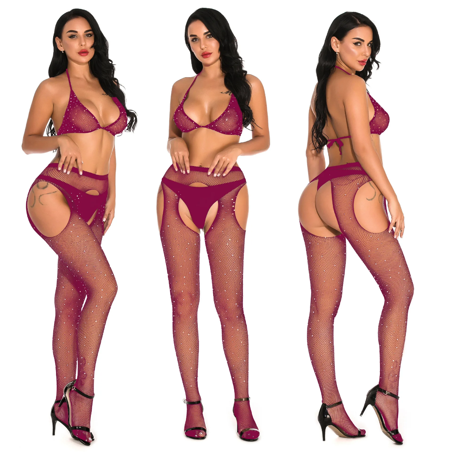 Сексуальные черные ажурные леггинсы со стразами женские с открытой промежностью