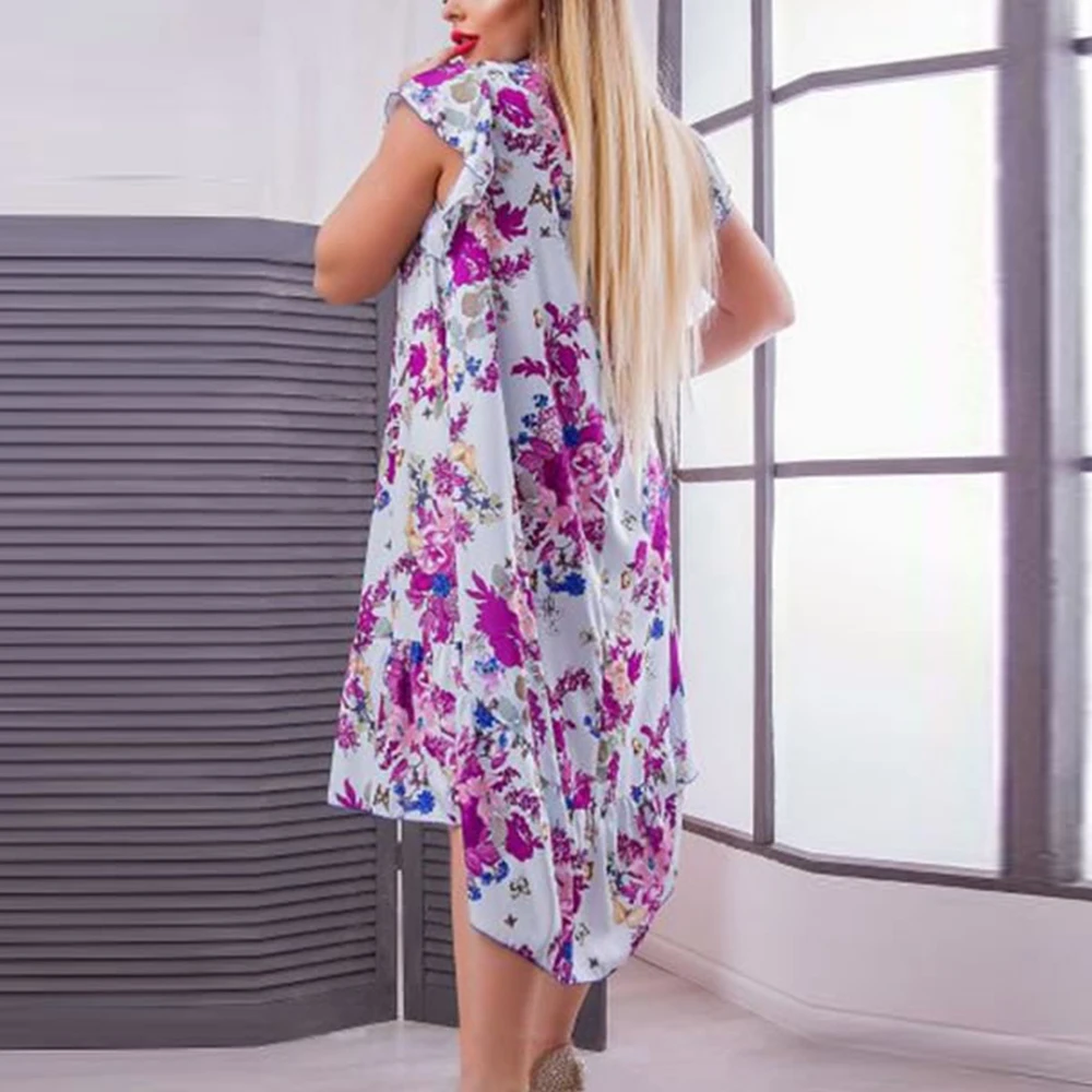 Женское шифоновое платье с цветочным принтом повседневное свободное круглым