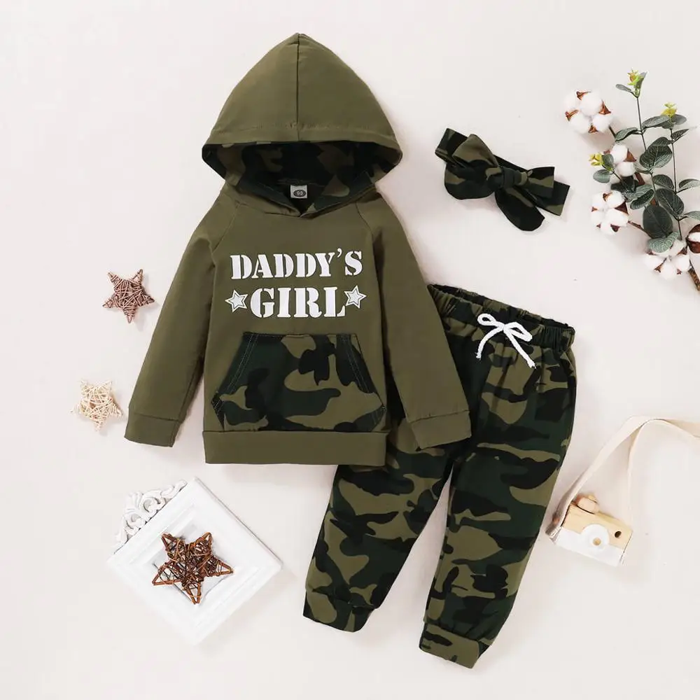 

Baby Girl Clothes Chic Letter Print Free Shipping Set Girl Outfits Long Sleeve Camouflage 3PCS Set Baby Gift