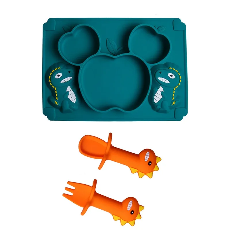 

Baby Silicone Tableware set 0-12 Months Dinosaur Cartoon Feeding Training Bowl Spoon Fork Non-slip Dinner Plate