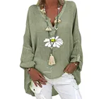 Для женщин с v-образным вырезом льняная блузка рубашка элегантные цветочным принтом женские топы с длинными рукавами; Сезон весна-осень; Свободная блуза Blusa пуловер размера плюс