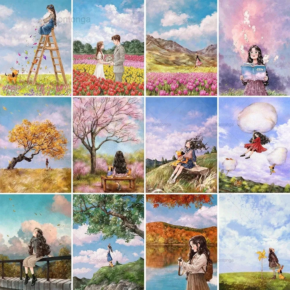 

Sontonga 5D Diamond Painting Cartoon Hand-Painted Girl Diamond Embroidery Landscape Painting Mosaic Cross Stitch New Home Decora