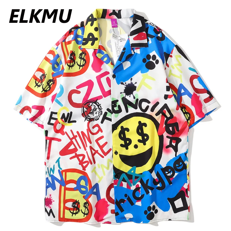 

ELKMU Hip Hop Streetwear Graffiti Shirts Men Summer Short Sleeve Shirt Men Harajuku Hawaiian Beach Shirt Oversize Male HE942