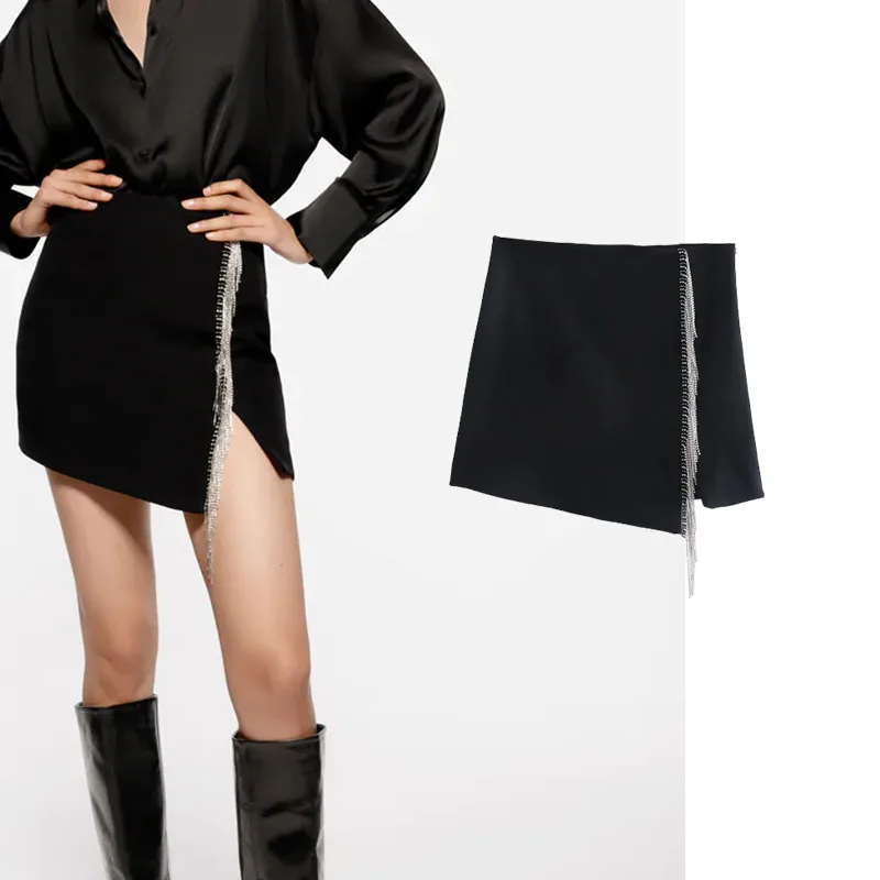 

Женская мини-юбка с бахромой Za, юбка с высокой талией и боковой молнией, украшенная искусственным драгоценным камнем, в британском стиле, 2021