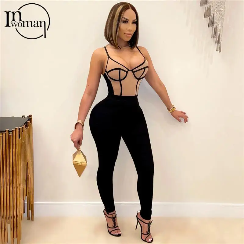 

INWOMAN New Autumn Sexy Patchwork Jumpsuit Women 2021 Cami Straps Backless Bodycon Jumpsuit Female Blue Clubwear Long Jumpsuits