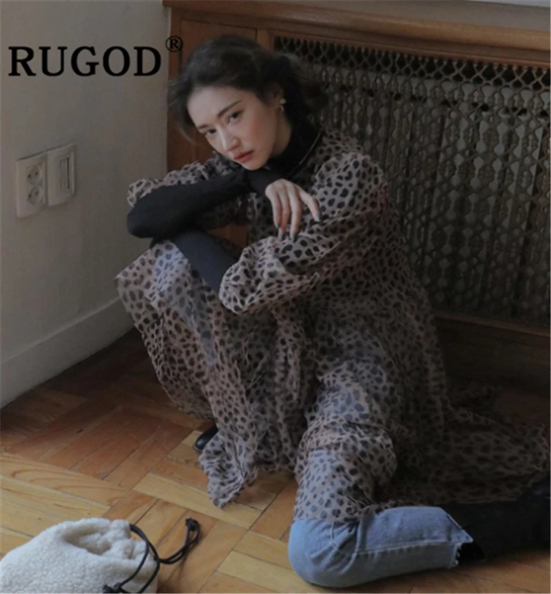 

RUGOD Sexy Leopard chiffon perspective women dress Korean round neck lantern sleeve fashion loose dresses vestidos Vintage dress
