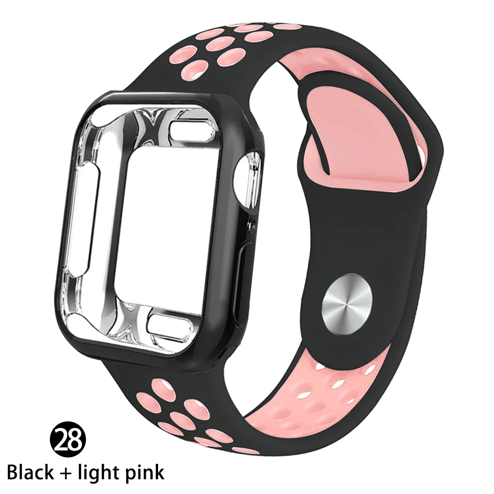 Чехол+ ремешок для apple Watch 5 ремешок 42 мм 38 мм 40 мм 44 мм спортивный силиконовый браслет для apple iwatch series 5 4 3 2 1 Аксессуары - Цвет ремешка: Black    light pink