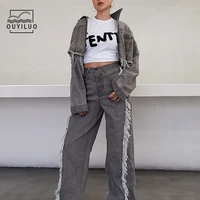 tassel patchwork casual denim women set streetwear fashion new style turn down collar long sleeve loose personality ladys suit