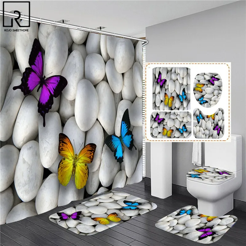 elegant butterfly flower rose print shower curtain woman bathroom decoration blue pink bath mat set toilet lid cover wc supplies free global shipping