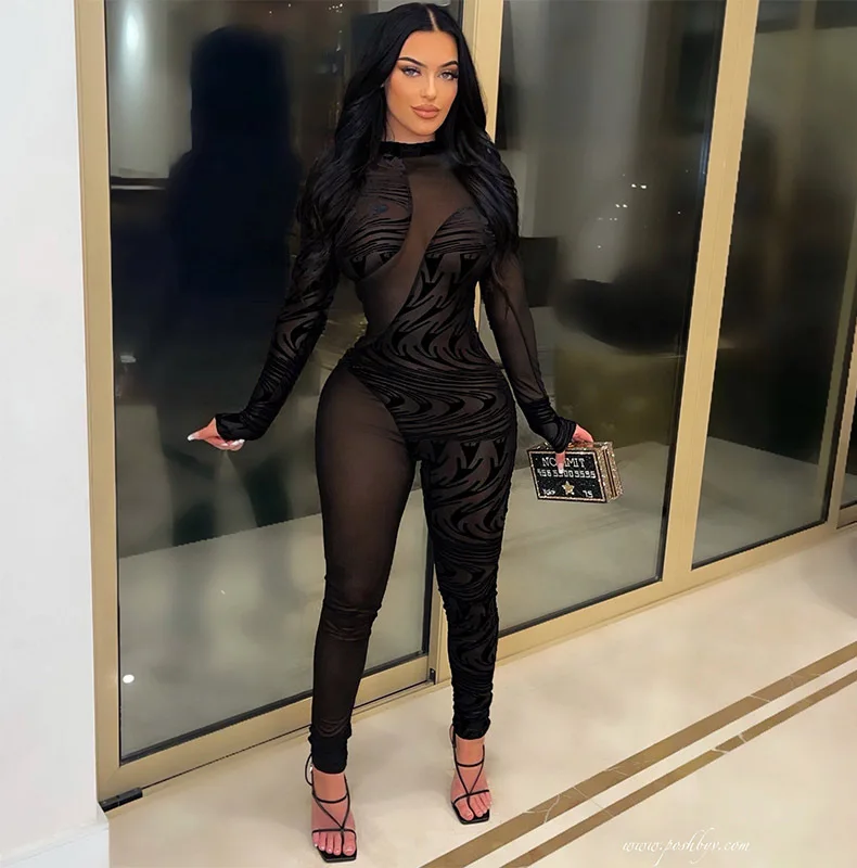 

Classic Pure Black Skinny One Piece Pencil Pants Evening Party Long Sleeve Sexy Rompers Women Jumpsuits Trendy Wholesale 2022