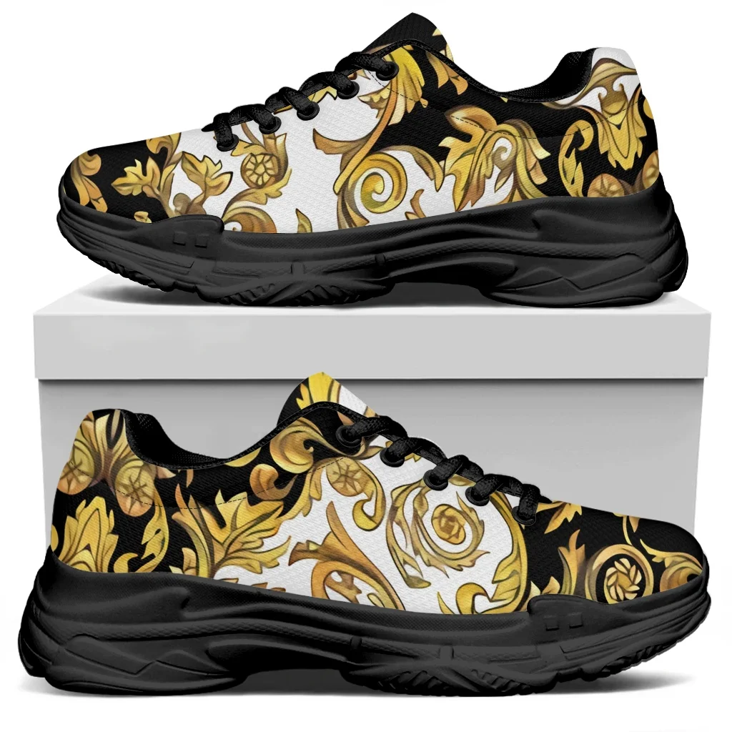 

KUILIU Golden Baroque Pattern Women's Black Shoes Lace Up Ladies Platform Sneakers Luxury Floral Increasing Casual Flat Shoes