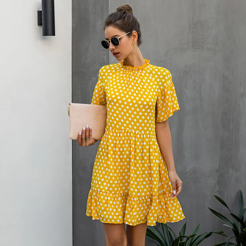 

2021 New Summer Ladies Polka Dot A-line Dress Elegant Ruffled Collar High Waist Print Mini Short Dress for Women