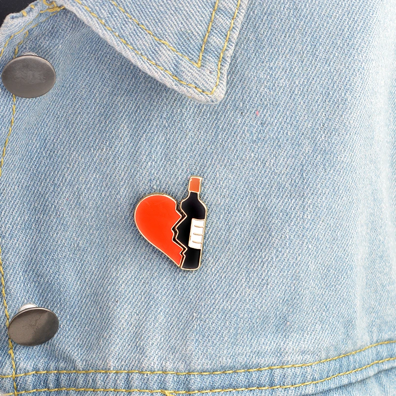 2pcs/set Broken Heart Wine Bottle Pin Metal Brooch Pins DIY Sweater Denim Jacket Badge Gift Jewelry for Women Girl Couple - купить по
