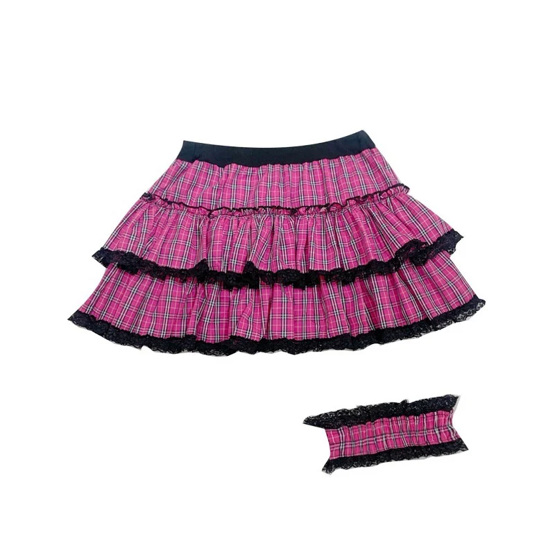 

Gothic Lolita Style Mini Skirts Women Sweet Pink Plaid Lace Trim Tiered Skirt Korean Girls Sexy Harajuku High Waist Punk Skirts