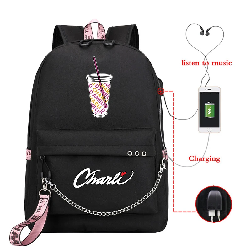 

Charli Damelio Backpacks USB Charge School Bags Women's Bagpacks Men Travel Bagpack Bookbag Mochila Bags For Teenager Boys Girls