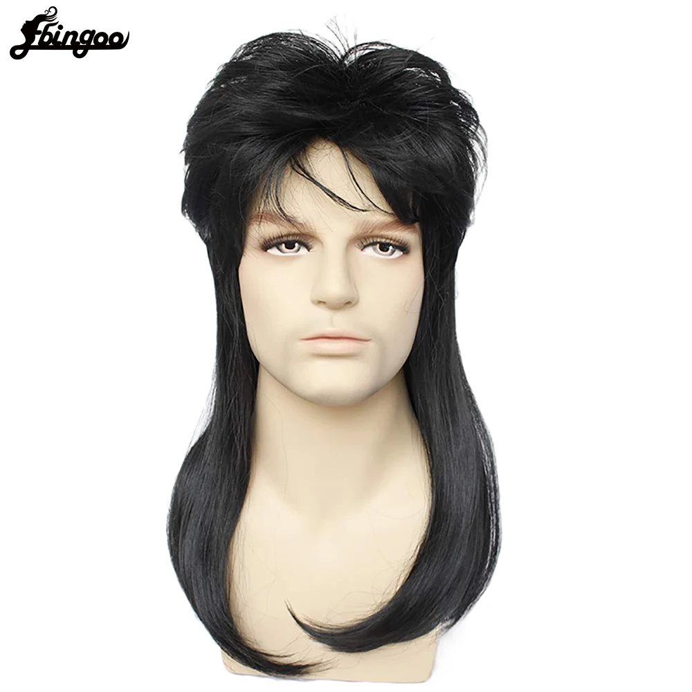 Ebingoo Synthetic Wigs 70s 80s Hallween Metal Rocker Disco Wig Men Black Long Natural Straight Mullet Role Play Party for Male