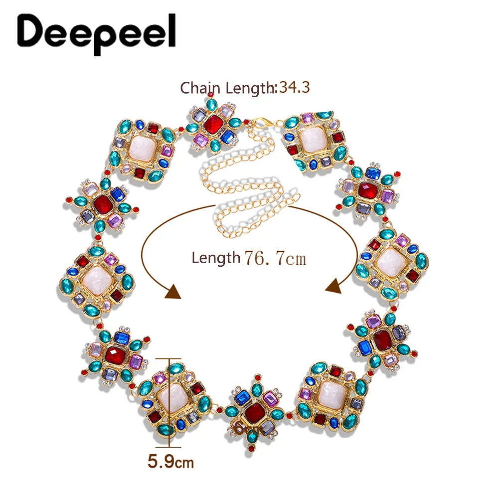 

Deepeel 1pc 5.9cm*70-90cm Women Colored Diamond Wide Cummerbunds Alloy Metal Flower Geometry Decorative Luxurious Girdle CB633