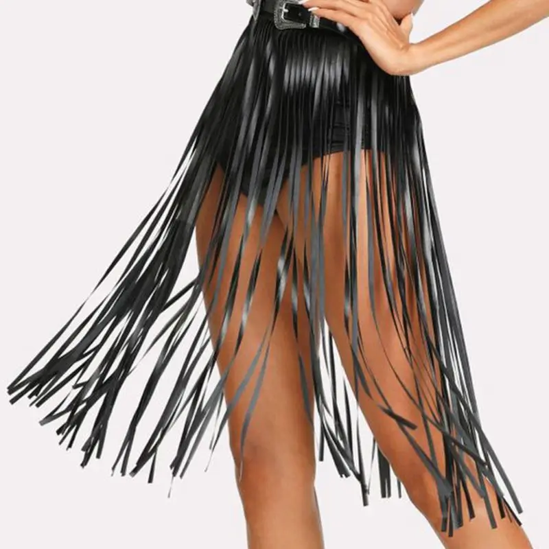 Womens High Waist Faux Leather Fringe Tassels Skirt Body Harness with Snap Buttons Halloween Party Punk Rock Clubwear