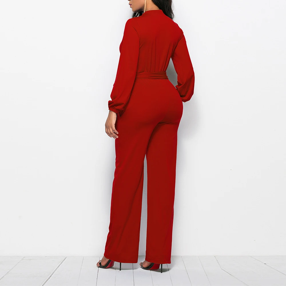 OTEN Solid Color Long Romper Palazzo Pants Women High Waist Wide Leg Pants Lace Up Bodysuit Overall Pantalone комбинезон женский
