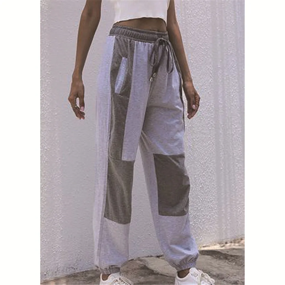 

Long Trousers, Straight Leg, Autumn Women's Gray Color Stitching Collocation Cotton Fabric Sports Casual Fashion Pocket Design