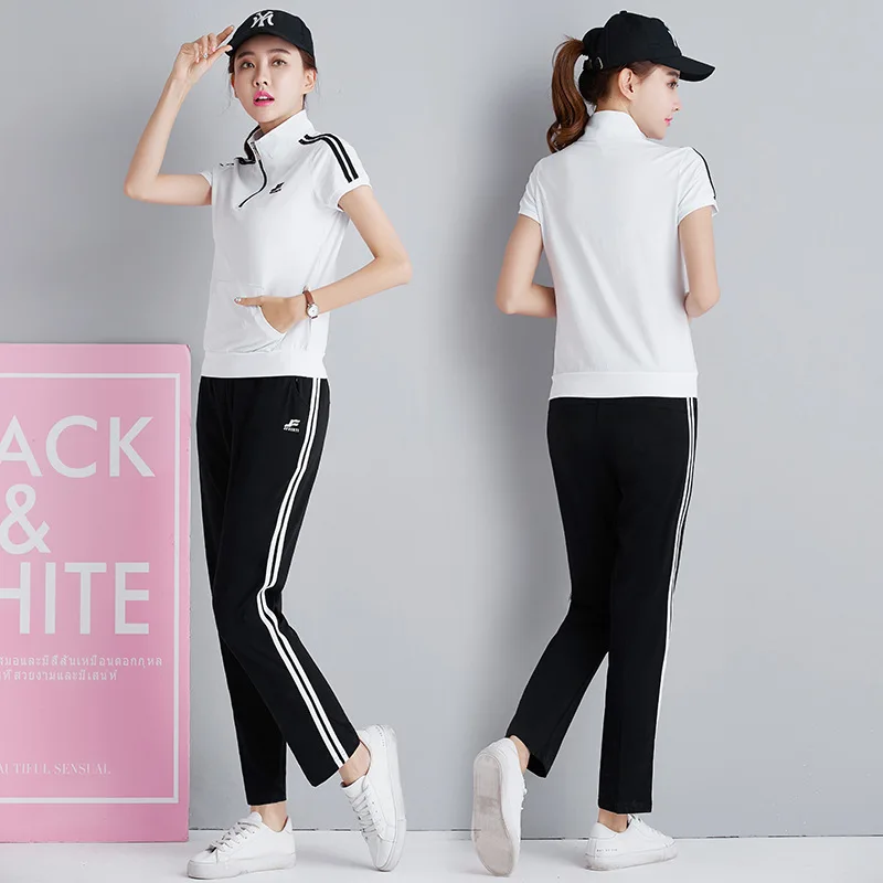 

Летний спортивный костюм для женщин, комплект из двух предметов, пуловер с коротким рукавом и брюки, спортивные костюмы, женская повседневн...