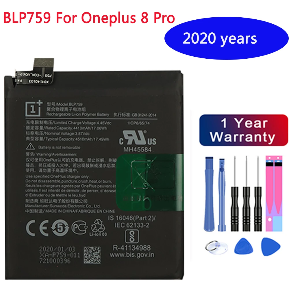 

Original For Oneplus 8 Pro One Plus 8pro Phone Battery BLP759 4510mAh High Capacity OnePlus Mobile Phone Batteries Free Tools