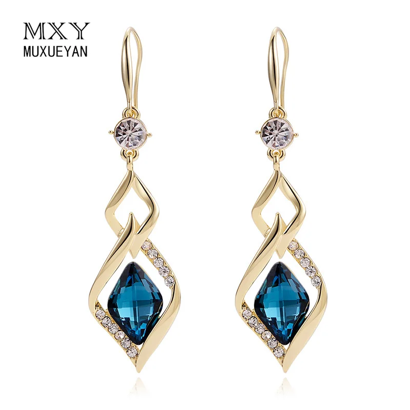 

MUXUEYAN Drop Earrings For Women Fine Jewelry 2021 Blue Zircon Long Pendant Girls Luxury Noble Female Charm