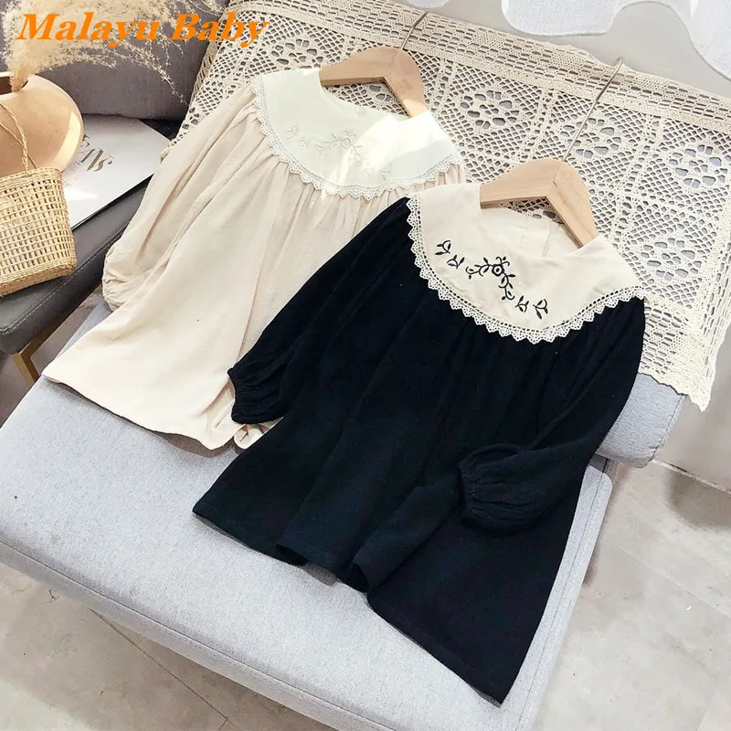 

MALAYU BABY Autumn Girls Dresses 2022 New Cute Kids Floral Embroidery Doll Collar Long Sleeve Princess Dress Child Clothing 2-6Y