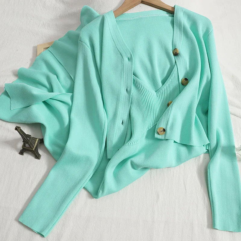 Женский трикотажный Костюм-двойка короткий топ кардиган и длинное платье на