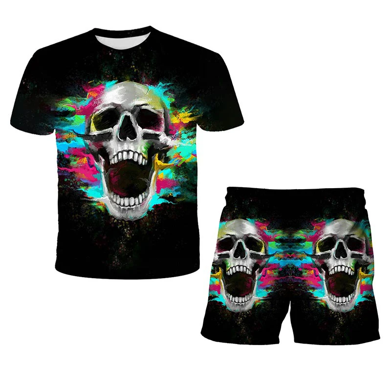 

Skull Designer 3D Cartoon Print T-shirt hip-hop Clothing Boy T-shirt + Shorts 2-piece Kids Fashion Suit Personality Cool Clothes